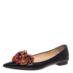 Pre Owned Christian Louboutin Black Leather 'Konstantina' Pom Pom Ballet Flats Size 37