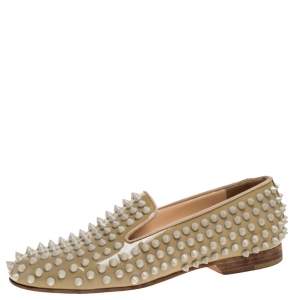 Pre Owned Christian Louboutin Beige Rollerboy Spikes Smoking Slippers Size 35
