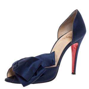 Pre Owned Christian Louboutin Blue Satin Bow T Dorcet Peep Toe Sandals Size 39