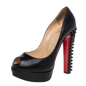 Pre Owned Christian Louboutin Black Leather And Patent 'Babel Clou' Platform Peep Toe Pumps Size 39.5