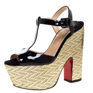 Christian Louboutin Black Patent And Metallic Gold Wedge 'So Bella' T-Bar Open Toe Sandals Size 38
