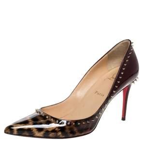 مملوكة مسبقًا Christian Louboutin Brown Leopard Print Patent Leather Spiked Pointed Toe Pumps Size 40