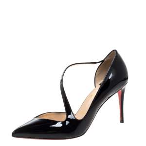 مملوكة مسبقًا Christian Louboutin Black Patent Leather Jumping Cross Strap Pumps Size 38.5