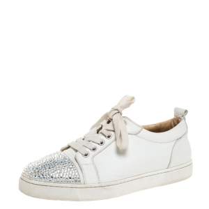Pre Owned Christian Louboutin White Leather Gondola Strass Low Top Sneakers Size 37.5