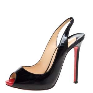 مملوكة مسبقًا Christian Louboutin Black Patent Leather Flo Slingback Peep Toe Sandals Size 38