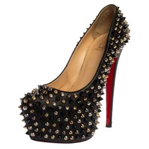 Pre Owned Christian Louboutin Black Spiked Leather Daffodile Platform Pumps Size 37
