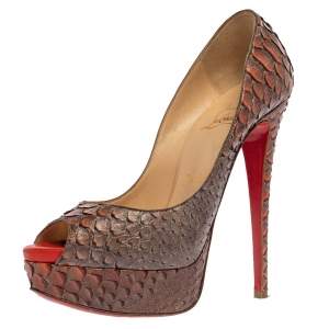 مملوكة مسبقًا Christian Louboutin Grey/Orange Python Lady Peep Toe Platform Pumps Size 37