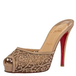 مملوكة مسبقًا Christian Louboutin Beige Floral Laser Cut Leather Pampas Peep Toe Mules Size 38