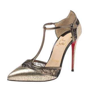 مملوكة مسبقًا Christian Louboutin Gold Leather And Lace Mrs Early T-Strap Sandals Size 37