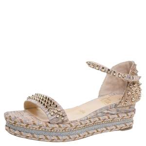 مملوكة مسبقًا Christian Louboutin Beige Cork/Glitter Jute Spiked Espadrille Wedge Sandals Size 37