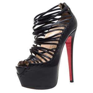 مملوكة مسبقًا Christian Louboutin Black Leather Strappy Daffodile Platform Sandals Size 37