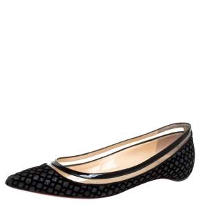 Christian Louboutin Black Velvet, Leather And Floque Glitter Paulina Ballet Flats Size 38