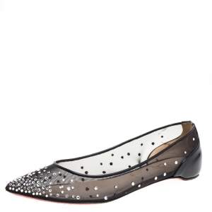 مملوكة مسبقًا Christian Louboutin Black Embellished Mesh And Patent Leather Follies Strass Pointed Toe Ballet Flats Size 39