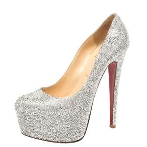 Pre Owned Christian Louboutin Silver Crystal Embellished Suede Daffodile Pumps Size 39