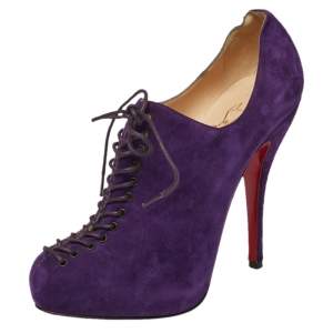Pre Owned Christian Louboutin Purple Suede Lace Up Platform Booties Size 38.5