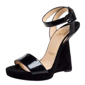 Pre Owned حذاء كعب روكي كريستيان لوبوتان سير كاحل دجالدوس سبشيو جلد لامع وسويدي أسود مقاس 39.5