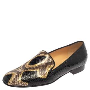 Pre Owned Christian Louboutin Black/Brown Python Leather Smoking Slippers Size 38