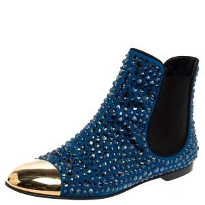 Pre Owned Giuseppe Zanotti Blue/Black Suede Studded Ankle Boots Size 38