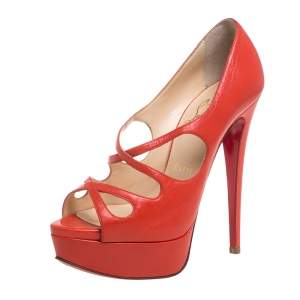 Christian Louboutin Orange Leather Mademoi Criss Cross Peep Toe Pumps Size 36.5