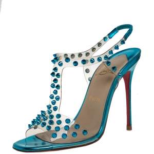 Pre Owned Christian Louboutin Blue Turquoise Spiked PVC J-Lissimo T Strap Sandals Size 38