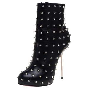 Pre Owned Christian Louboutin Black Leather Big Lips Spiked Ankle Boots Size 38