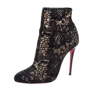 Pre Owned Christian Louboutin Black Lace Miss Tennis Ankle Boots Size 37