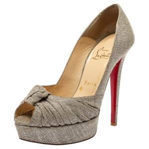 مملوكة مسبقًا Christian Louboutin Metallic Grey Fabric Knotted Peep Toe Pumps Size 37