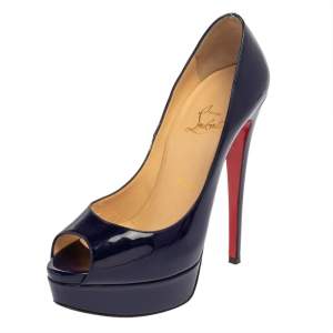 Pre Owned Christian Louboutin Blue Patent Leather Lady Peep  Platform Pumps Size 37