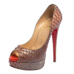 Pre Owned Christian Louboutin Orange/Grey Python Lady Peep Toe Platform Pumps Size 39.5