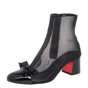 Pre Owned Christian Louboutin Black Mesh And Patent leather Checkypoint Ankle Boots Size 36.5