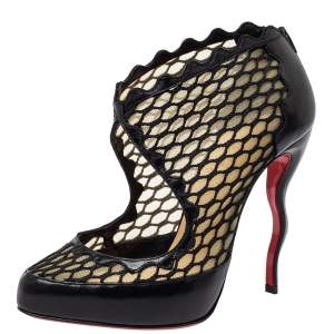 Christian Louboutin Black Net, Mesh And Leather Violet  Ankle Boots Size 36.5
