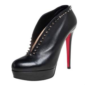 Pre Owned Christian Louboutin Black Leather Spiked Miss Fast Plato Booties Size 38.5