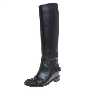 Pre Owned Christian Louboutin Black Leather Spike Cap Toe Egoutina Knee Boots Size 39