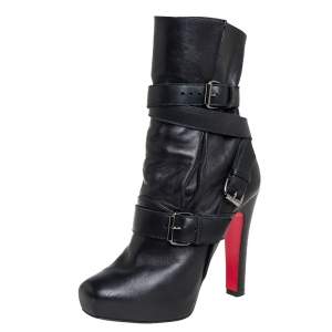 Pre Owned Christian Louboutin Black Leather Guerriere Platform Ankle Boots Size 37.5