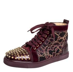 Pre Owned Christian Louboutin Burgundy Patent Leather And Velvet Louis High Top Sneakers Size 40