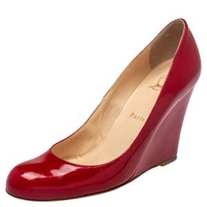 Pre Owned Christian Louboutin Red Patent Wedge Pumps Size 39