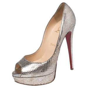 Pre Owned حذاء كعب عالي كريستيان لوبوتان "ليدي" مقدمة مفتوحة نعل سميك جلد ثعبان لونين ميتاليك مقاس 39