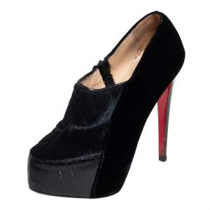 Pre Owned Christian Louboutin Black Satin And Pony Hair Booties Size 38