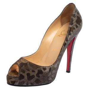 Christian Louboutin Metallic Silever/Brown Leopard Print Fabric Very Prive Peep Toe Pumps Size 38