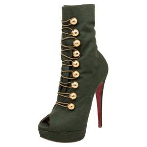 Pre Owned Christian Louboutin Green Canvas Alta Bouton Peep Toe Platform Ankle Boots Size 38.5