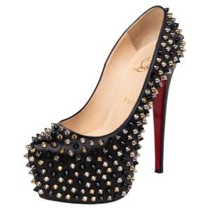 Pre Owned Christian Louboutin Black Leather Spiked Daffodile Platform Pumps Size 38