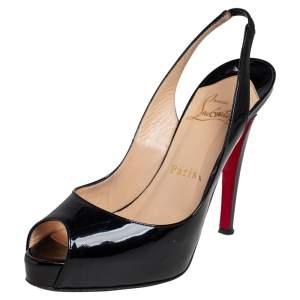 Pre Owned Christian Louboutin Black Patent Leather Peep Toe Very Prive Slingback Pumps Size 36.5