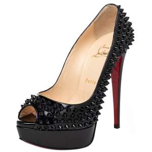 Christian Louboutin Black Patent Leather Lady Peep Toe Spike Platform Pumps Size 36.5
