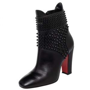 Pre Owned Christian Louboutin Black Leather Praguoise Ankle Length Boots Size 36.5