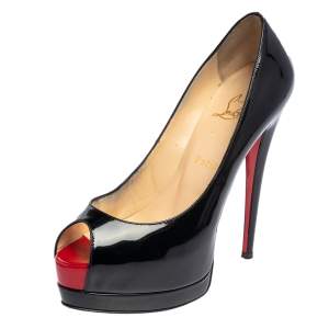 Pre Owned Christian Louboutin Black Patent Leather Palais Royal Peep Toe Platform Pumps Size 38