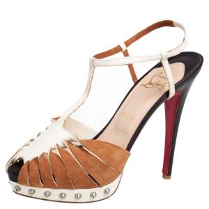 Pre Owned Christian Louboutin Beige/Brown Suede And Leather Zigounette Spiked 140 Sandals Size 39