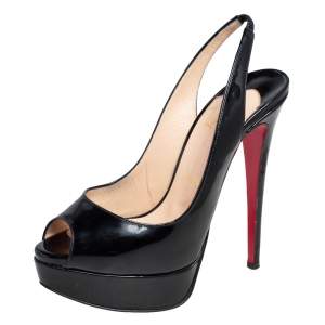 Christian Louboutin Black Patent Leather Lady Peep Slingback Platform Sandals Size 37