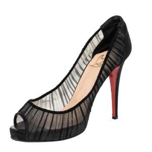 مملوكة مسبقًا حذاء كعب عالي كريستيان لوبوتان مقدمة مفتوحة أمبروسينا ساتان وقماش أسود مقاس 40.5