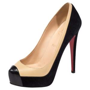 Christian Louboutin Black/Cream Suede and Leather Mago Platform Pumps Size 35.5