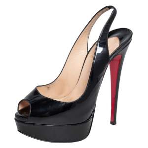 Christian Louboutin Black Patent Leather Lady Peep Toe Slingback Sandals Size 35.5